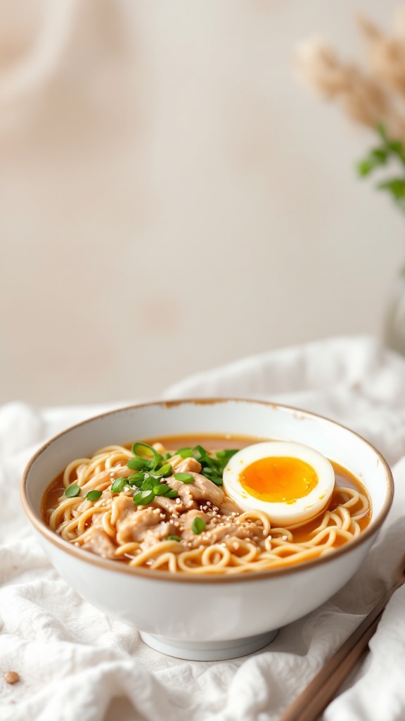 A bowl of Asian-inspired chicken ramen soup with noodles, chicken, and a soft-boiled egg.