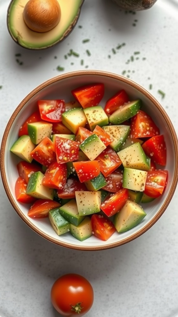 A colorful bowl of avocado and tomato salad with diced vegetables.