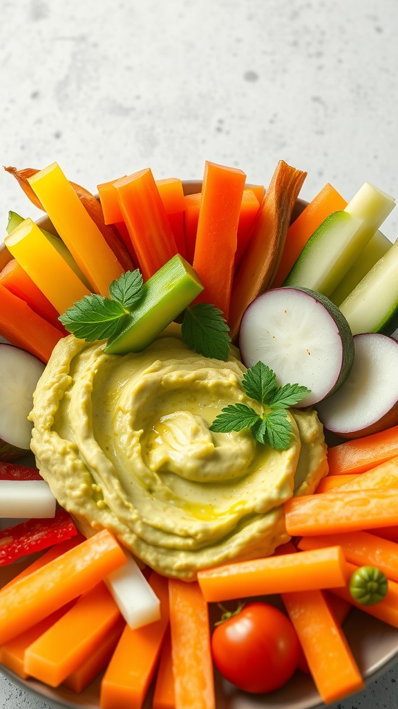 A colorful platter of veggie sticks surrounding a bowl of creamy avocado hummus.