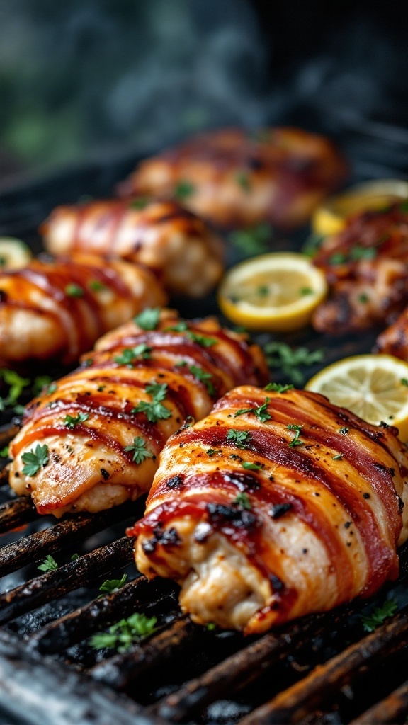 Bacon-wrapped chicken thighs cooked until crispy with fresh herbs and lemon slices.