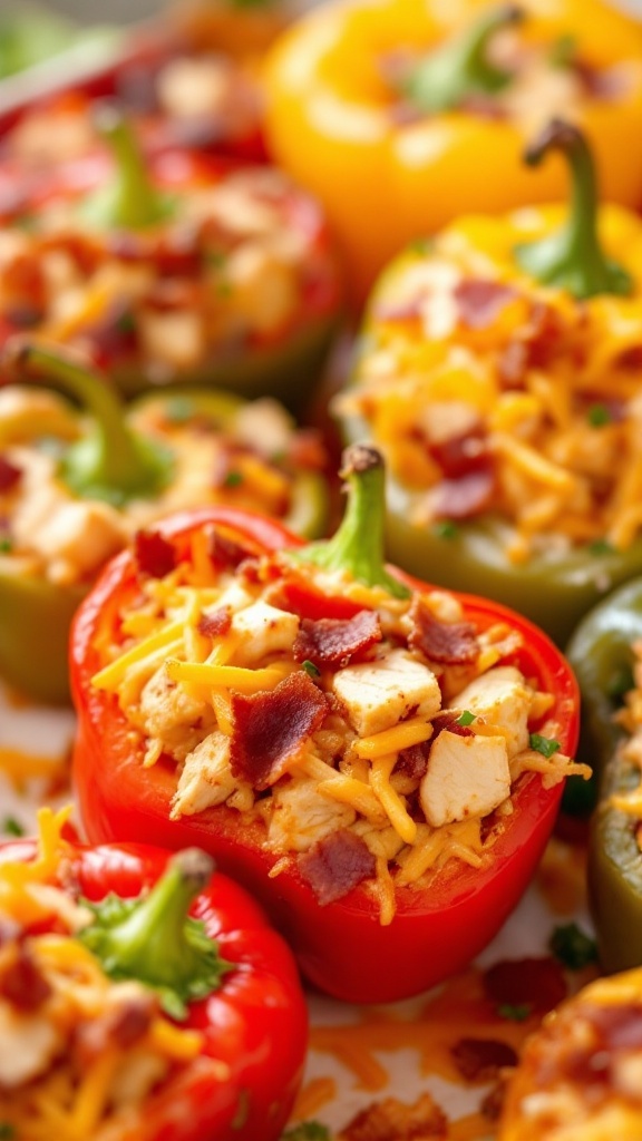 Delicious bacon and chicken stuffed peppers ready to eat.