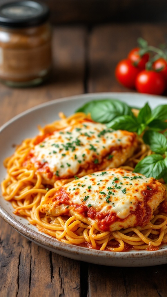 Delicious baked chicken parmesan served with pasta and garnished with basil.