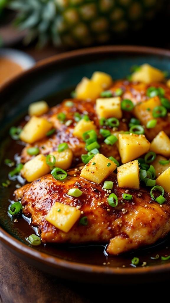 Baked Chicken Teriyaki with pineapple chunks and green onions