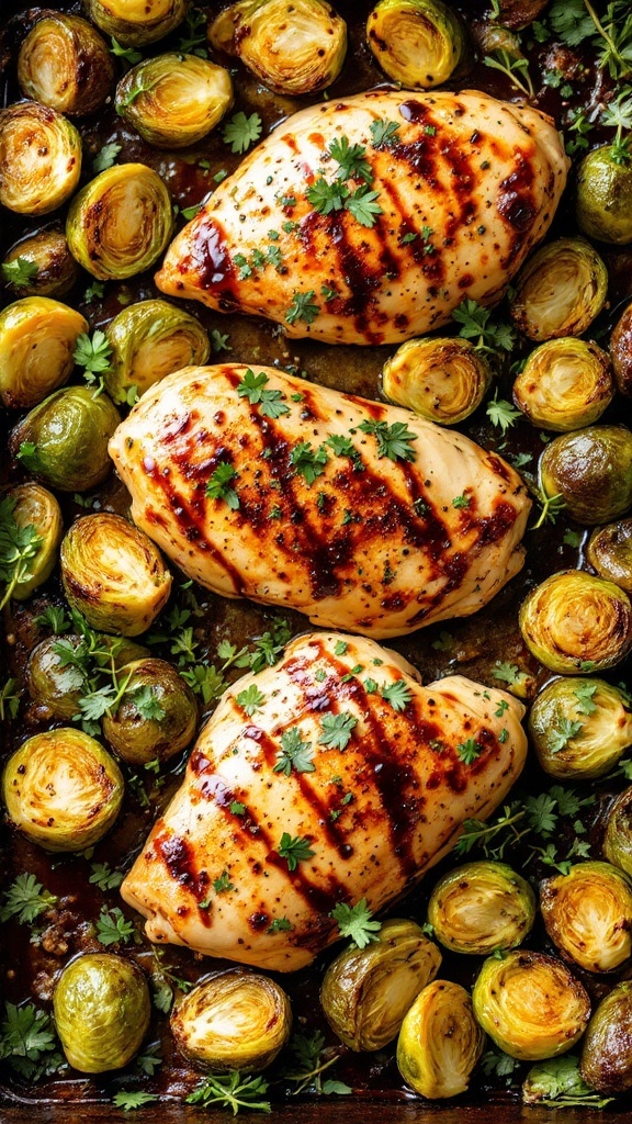 Balsamic glazed chicken with Brussels sprouts served on a plate.