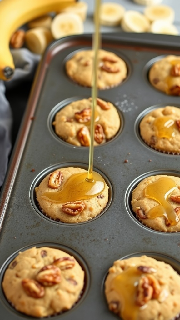 Banana Nut Pancake Muffins with nuts and syrup.