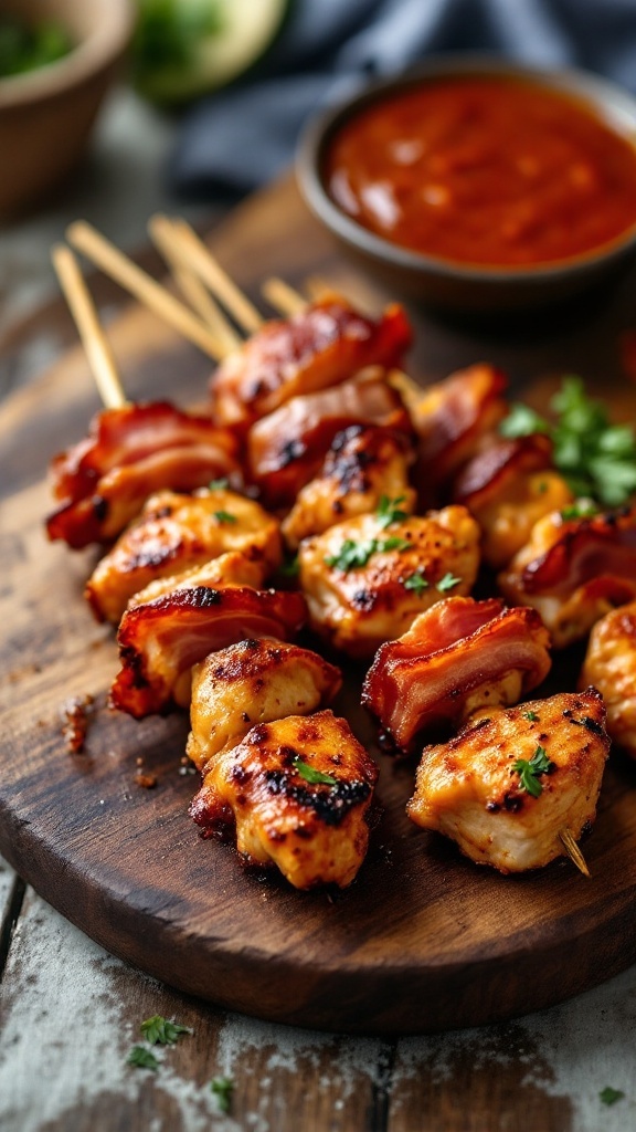 BBQ Chicken and Bacon Skewers on a wooden platter