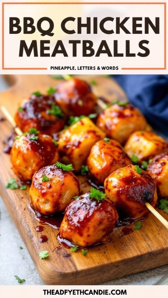 Delicious BBQ chicken meatballs with a pineapple glaze on skewers, garnished with fresh herbs.