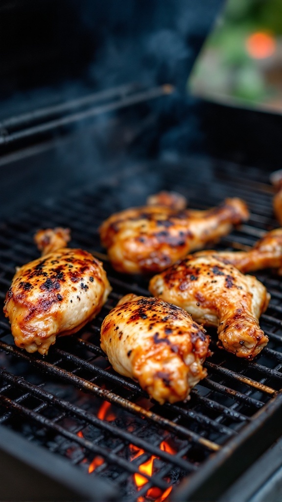 Grilled chicken drumsticks on a barbecue grill