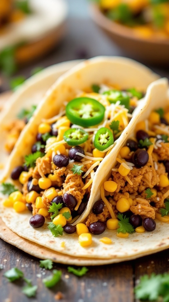 Black Bean and Corn Chicken Tacos with toppings