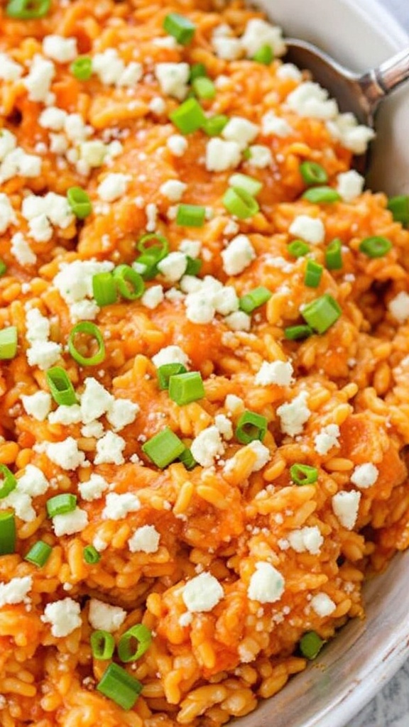 A delicious buffalo chicken and rice casserole topped with green onions and cheese.