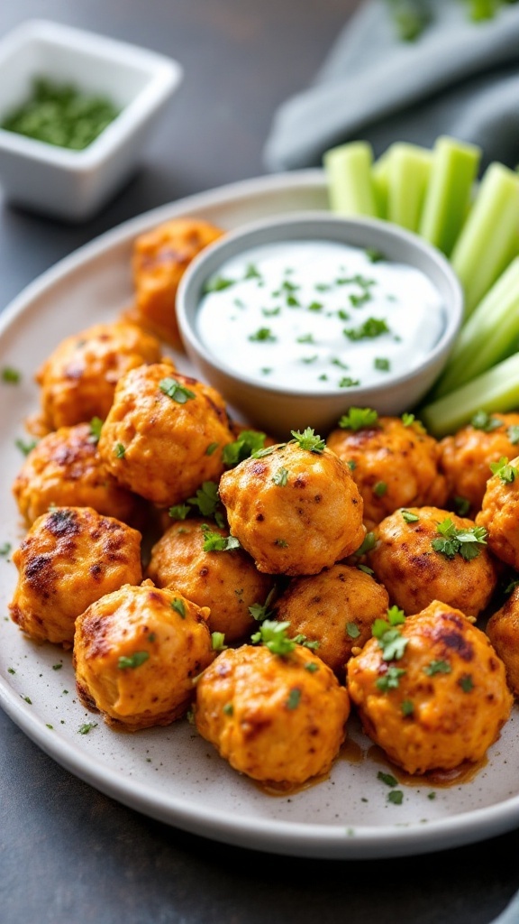 A plate of buffalo chicken meatballs with a blue cheese dip and celery sticks