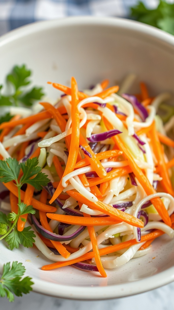 A bowl of colorful cabbage and carrot slaw with green leaves