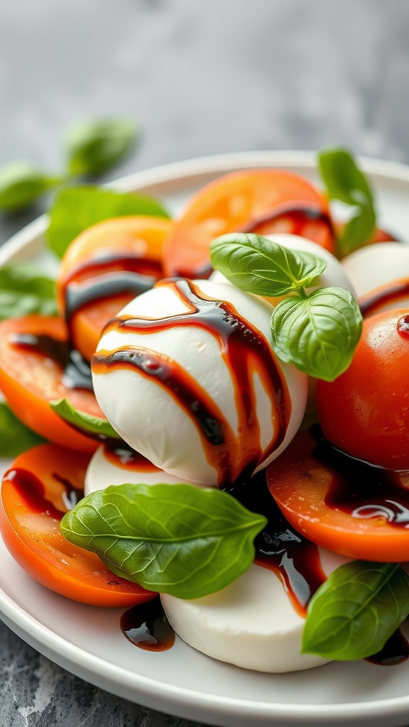 A delicious Caprese salad with mozzarella, tomatoes, basil, and balsamic glaze on a plate.