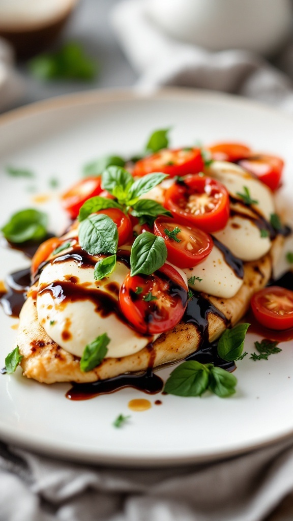 Caprese Stuffed Chicken with tomatoes and basil on a plate