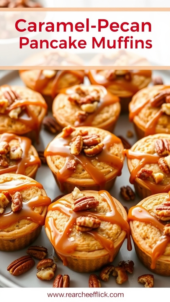 Caramel Pecan Pancake Muffins on a plate with caramel drizzle and pecans.