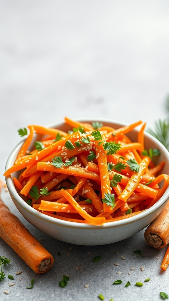 A bowl of carrot and ginger salad with sesame seeds and fresh cilantro