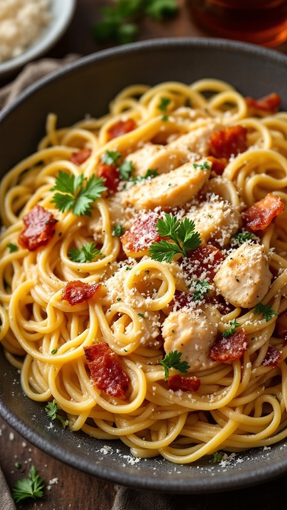 A plate of Chicken and Bacon Carbonara garnished with parsley.