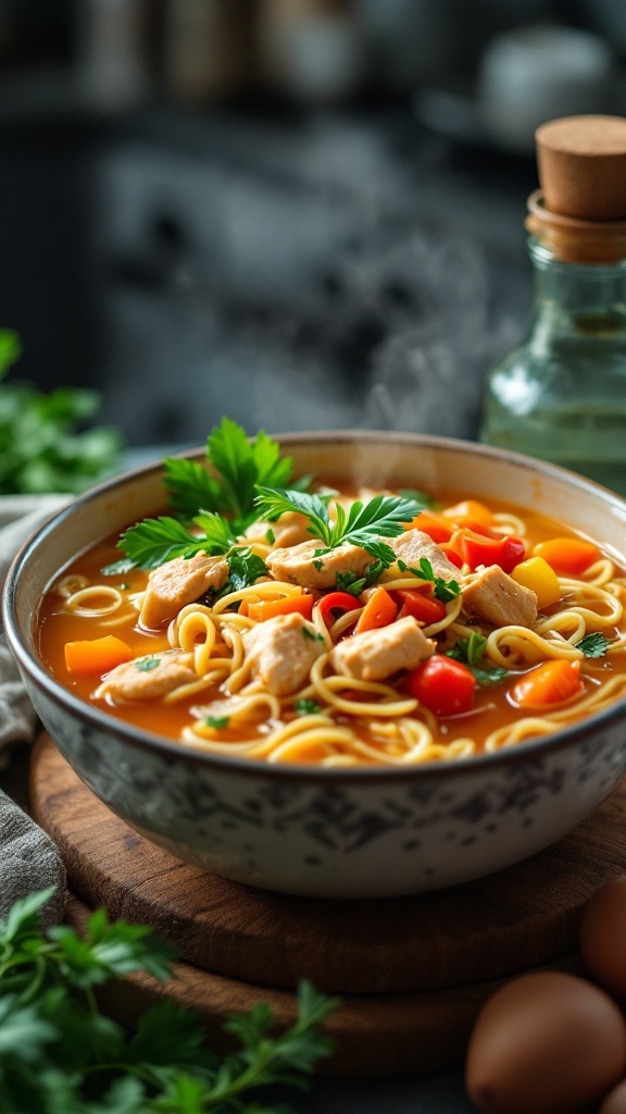 A bowl of Chicken and Vegetable Stir-Fry Soup with noodles and fresh herbs