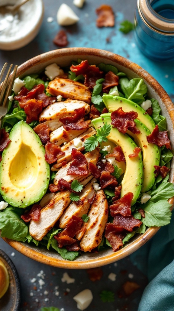 A bowl of chicken bacon avocado salad with greens, grilled chicken, sliced avocado, and crumbled bacon.