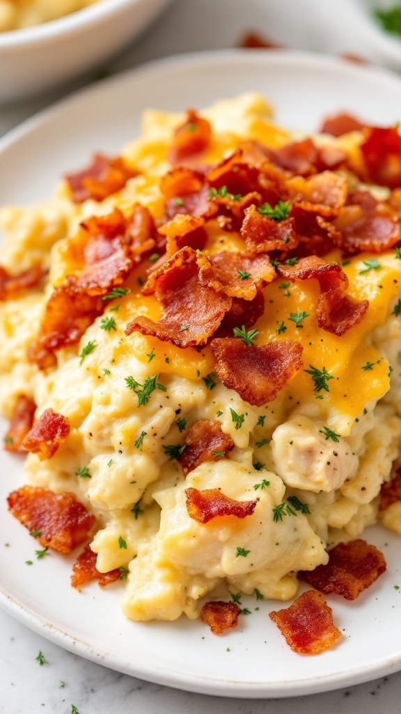 A delicious serving of Chicken Bacon Ranch Casserole topped with crispy bacon and melted cheese.