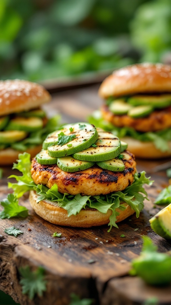 Delicious chicken burger with avocado and cucumber.