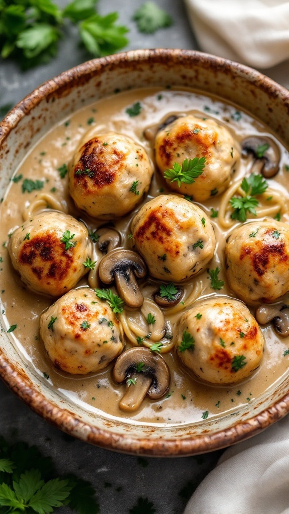 A bowl of chicken meatballs in creamy mushroom sauce garnished with parsley.