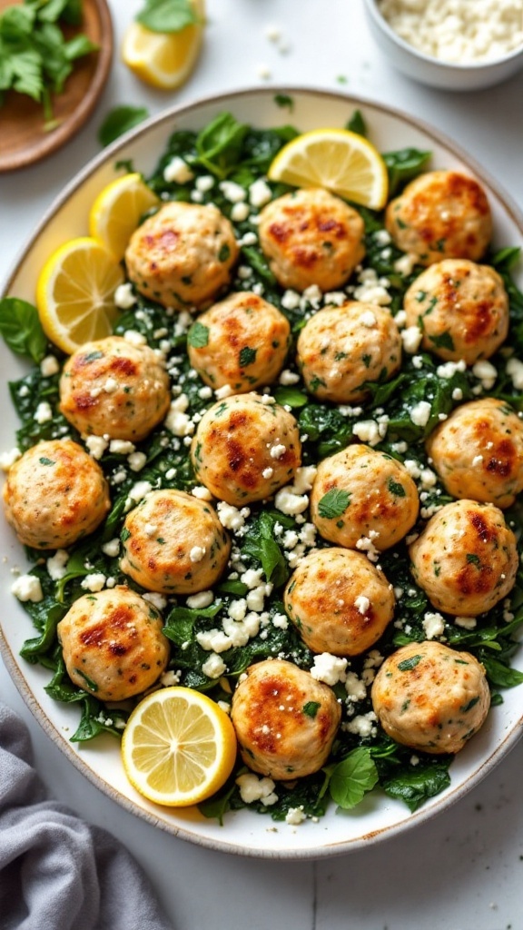 Chicken meatballs with spinach and feta served on a platter