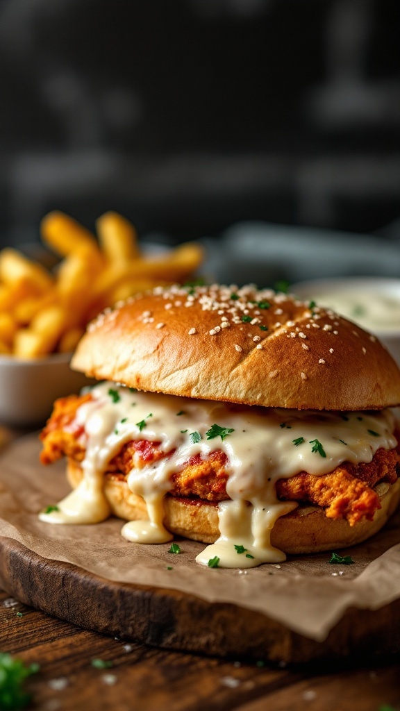 A mouthwatering Chicken Parmesan Sandwich with garlic aioli, garnished with parsley.