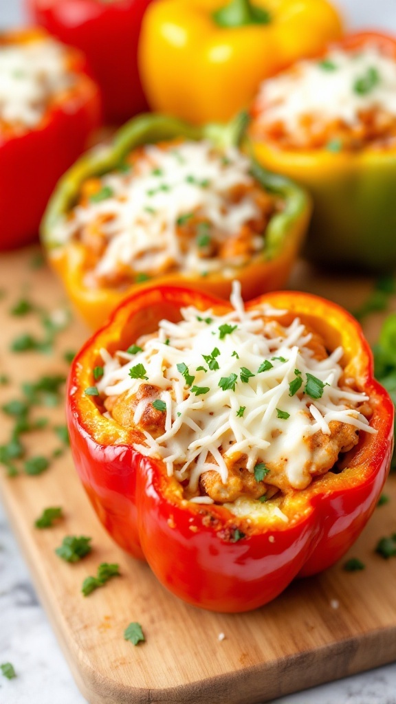 Delicious Chicken Parmesan Stuffed Peppers topped with melted cheese