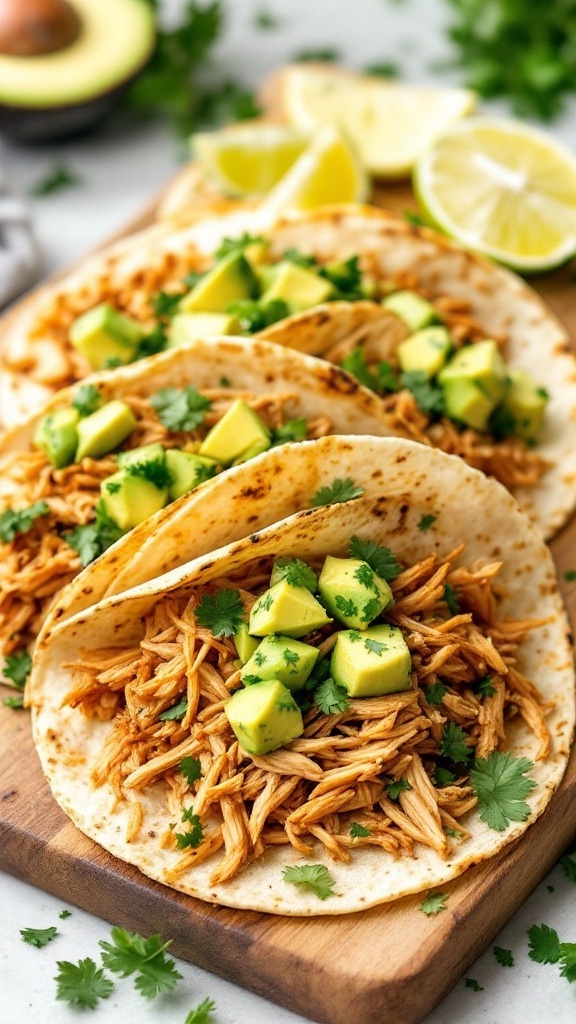 Delicious chicken tacos topped with avocado salsa on a wooden platter.