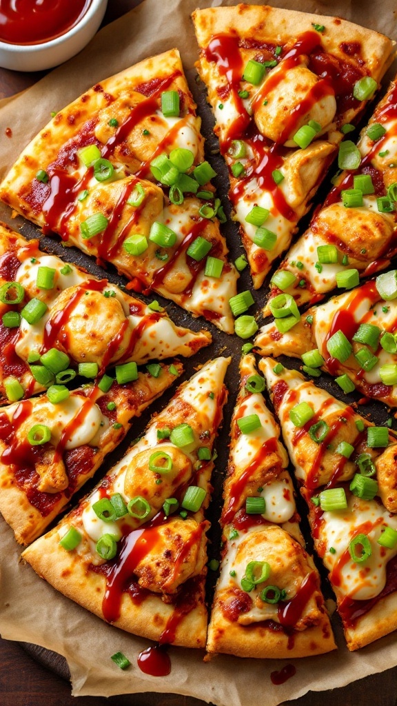 A delicious Chicken Teriyaki Pizza topped with cheese, green onions, and teriyaki sauce.