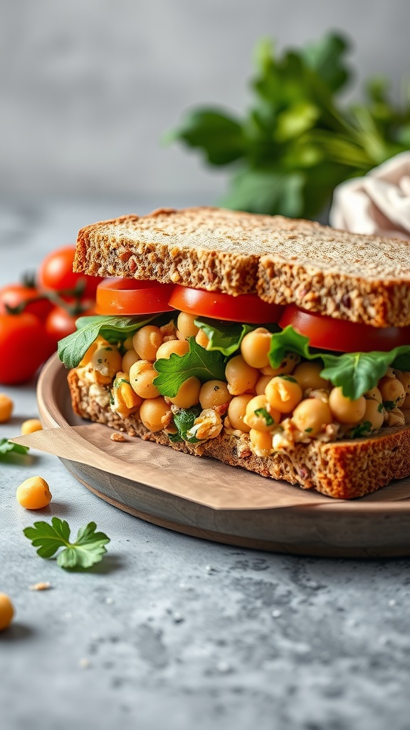 A fresh chickpea salad sandwich with tomatoes and greens on whole grain bread.