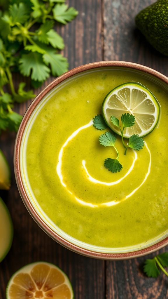 A bowl of chilled avocado soup garnished with lime and cilantro on a wooden table.