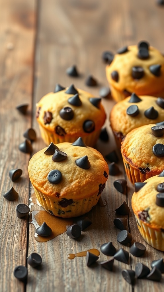 Delicious chocolate chip pancake muffins arranged on a wooden surface.