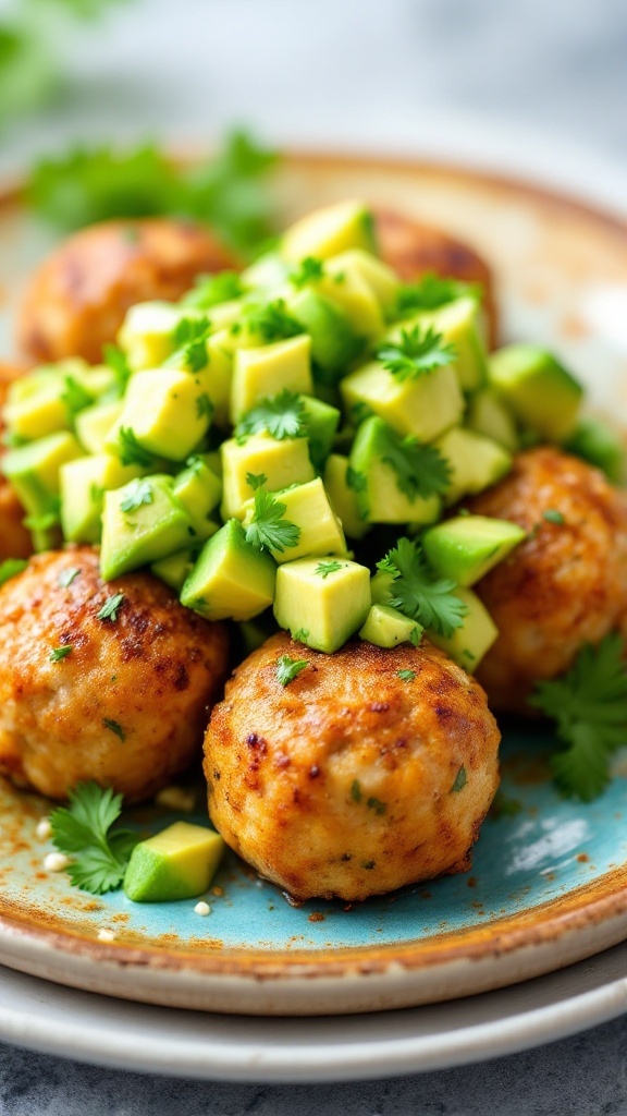 Cilantro lime chicken meatballs topped with avocado salsa on a plate.