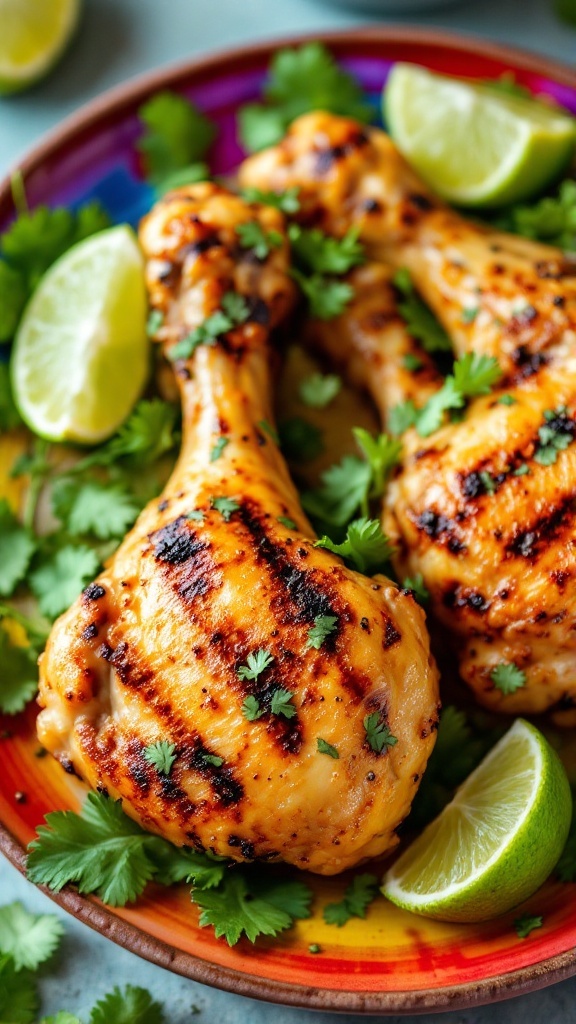 Cilantro lime grilled drumsticks garnished with cilantro and lime slices