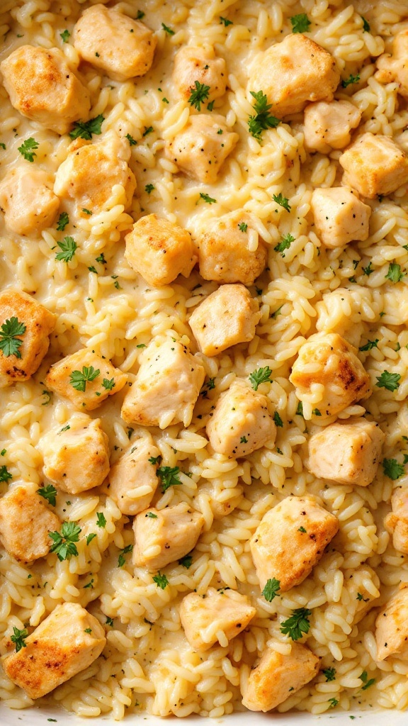 Delicious chicken and rice casserole with pieces of chicken and parsley on top.