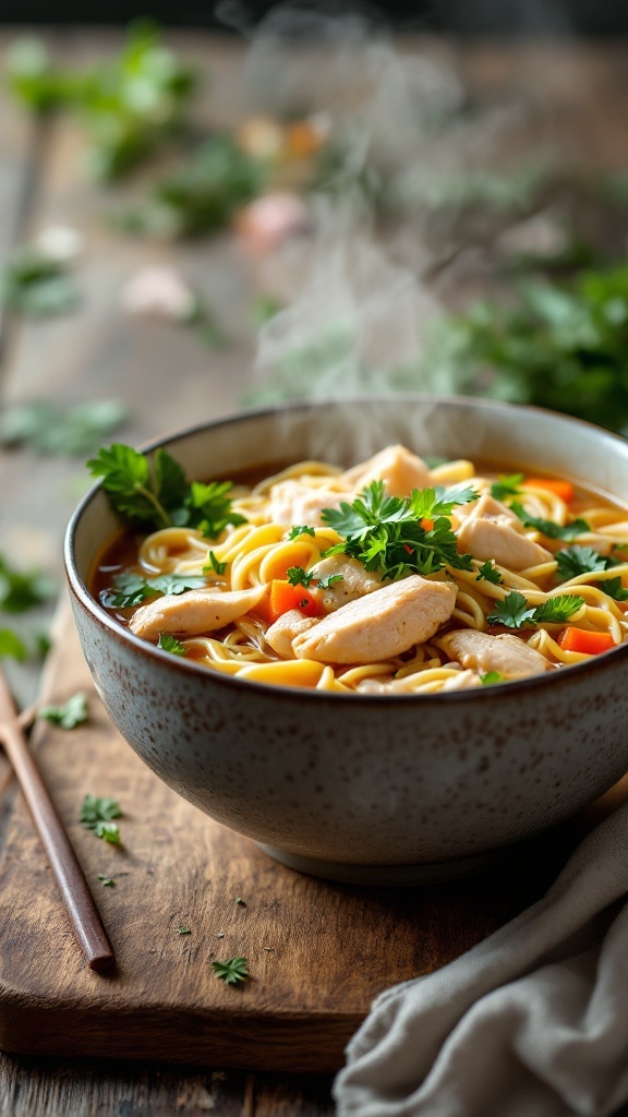 A bowl of classic chicken noodle soup with egg noodles, chicken, and fresh herbs.