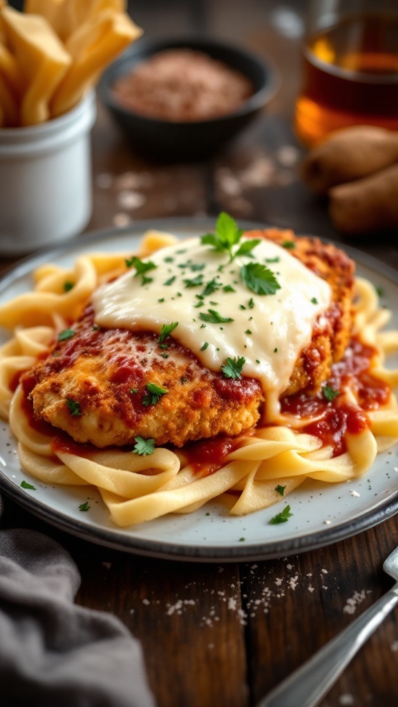 A plate of classic chicken parmesan served with marinara sauce and pasta.