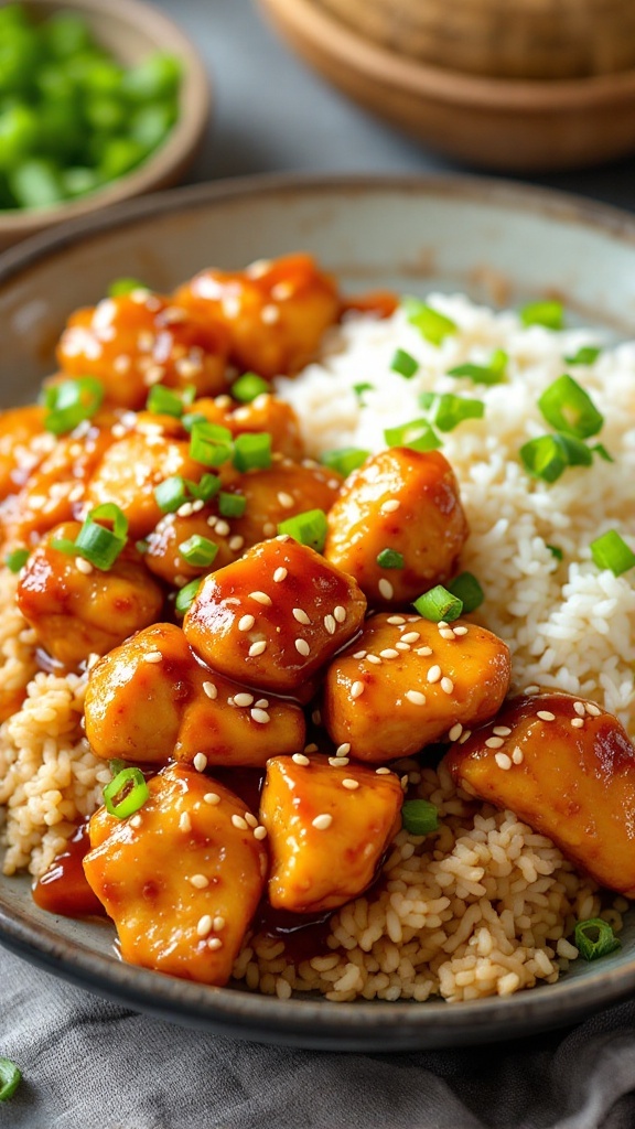 A bowl of classic chicken teriyaki served with steamed rice and garnished with green onions.