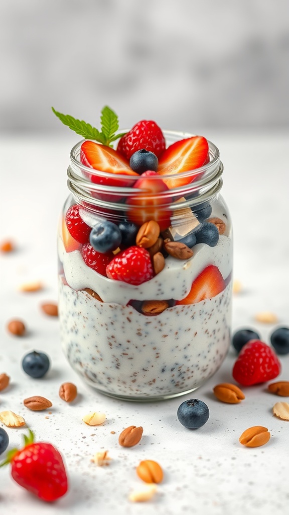 A jar of coconut chia pudding topped with strawberries, blueberries, and nuts.