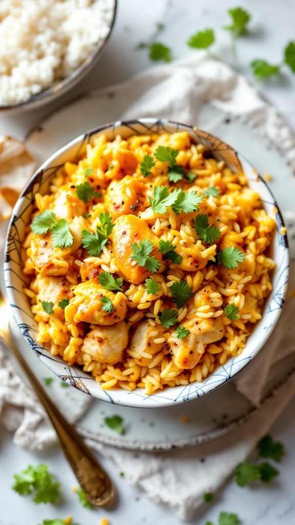 Delicious Coconut Curry Chicken and Rice Casserole topped with cilantro