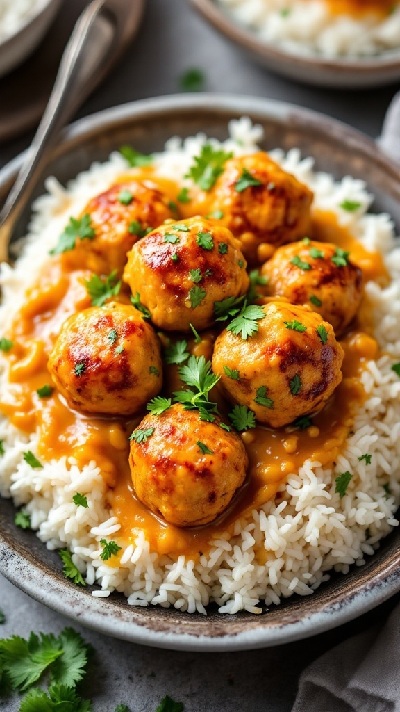 Coconut curry chicken meatballs served on jasmine rice with cilantro