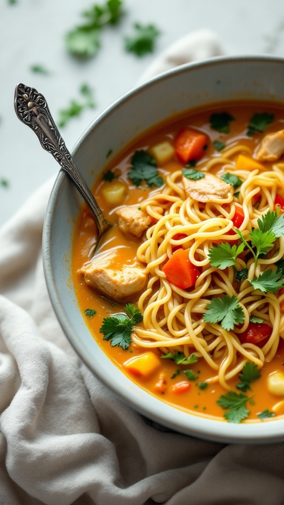 A bowl of Coconut Curry Chicken Soup with egg noodles and fresh vegetables