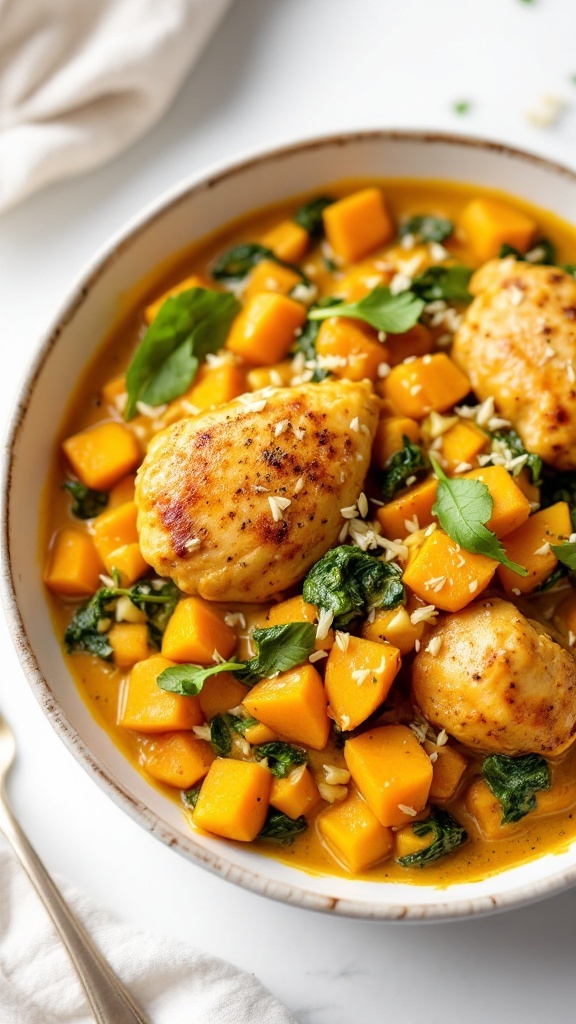 A bowl of coconut curry chicken with sweet potatoes and spinach.