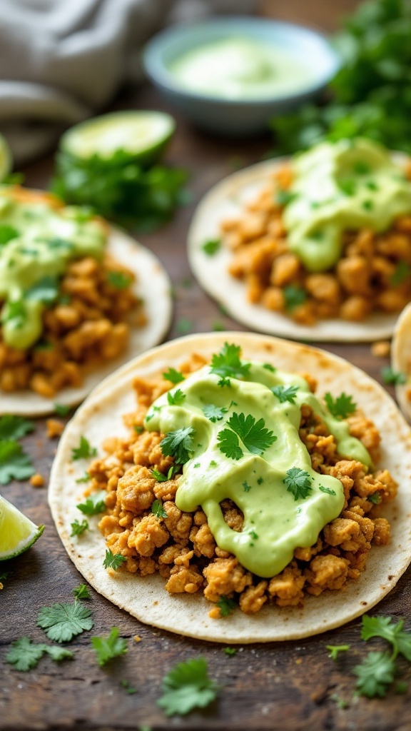 Delicious ground chicken tacos topped with creamy avocado cilantro sauce and garnished with fresh cilantro.