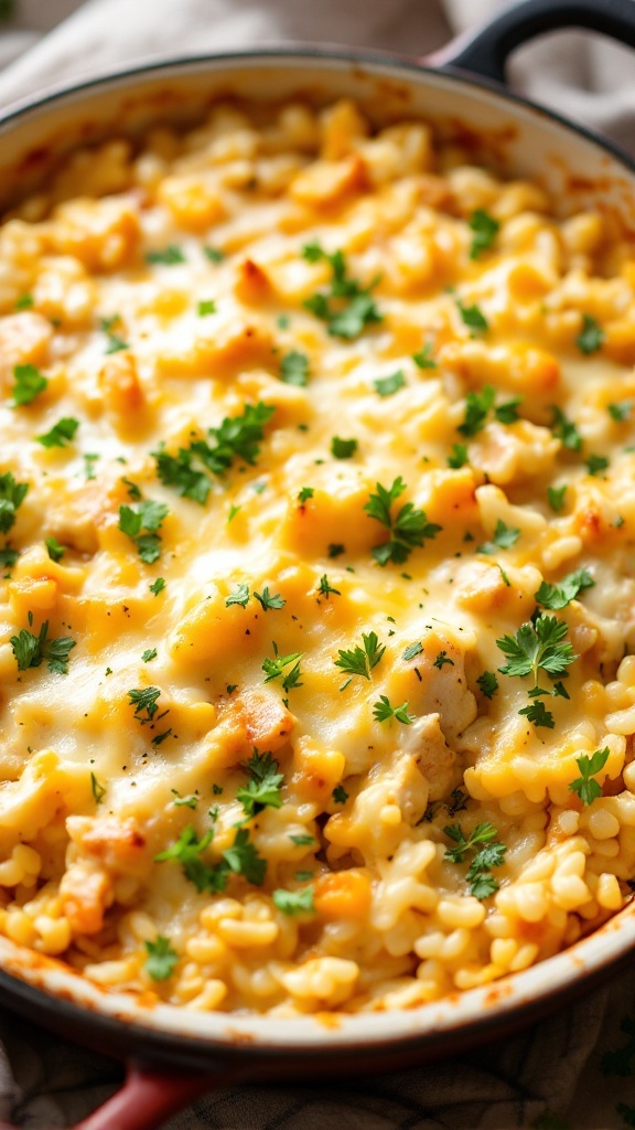 Creamy Cheesy Chicken and Rice Bake topped with fresh parsley.