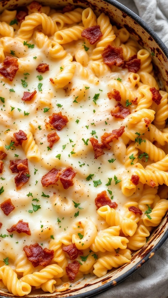 Creamy Chicken Bacon Pasta Bake with crispy bacon and melted cheese