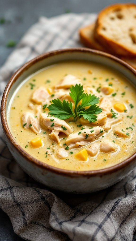 A bowl of creamy garlic chicken soup with shredded chicken, corn, and herbs on top.