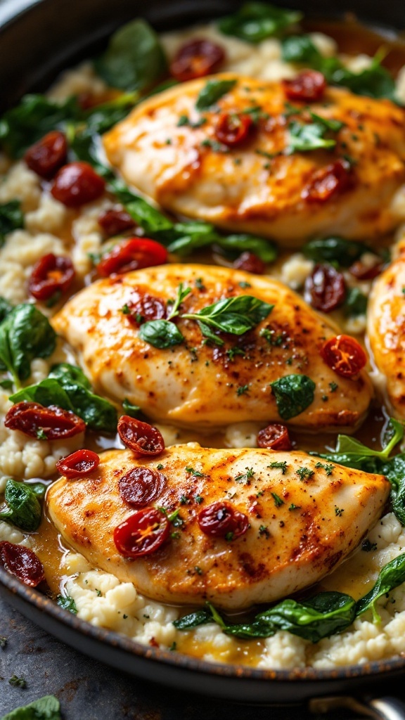 Creamy Tuscan Chicken with Spinach served in a skillet